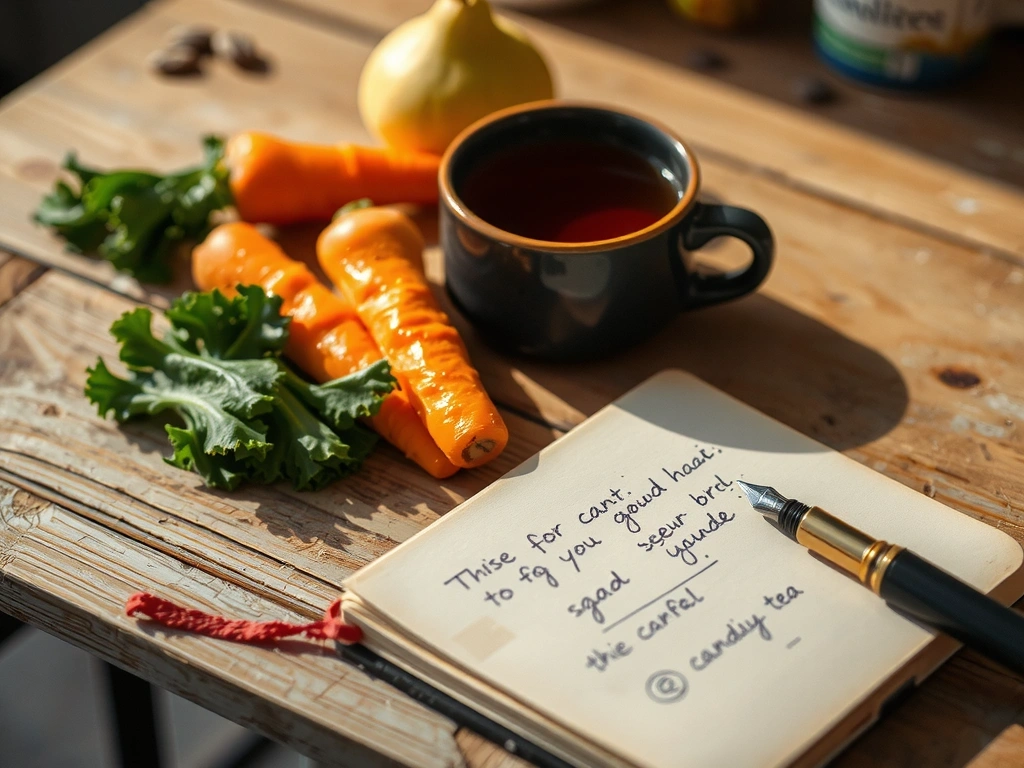 Atmosphärische Szene: Frisches Gemüse, Notizbuch und Tee auf einem Holztisch.